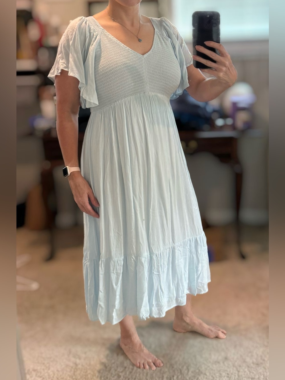 Light Blue Flutter-Sleeve Maxi Dress with V-Neck